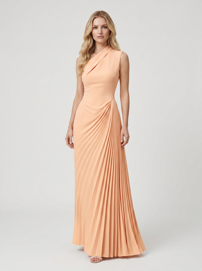 Apricot one-shoulder pleated maxi dress with fitted bodice and diagonal pleats, front view on model