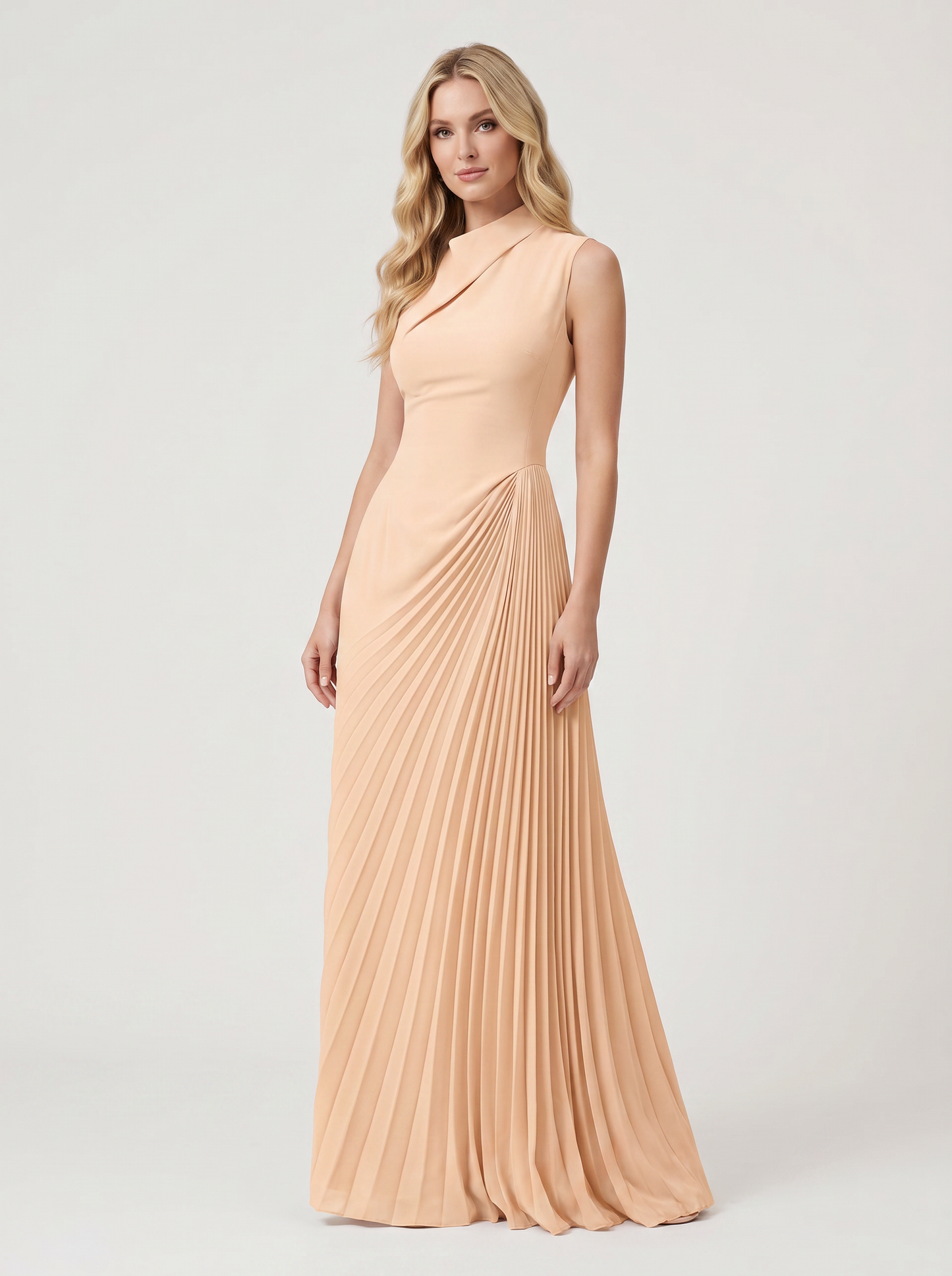 Apricot one-shoulder pleated maxi dress, three-quarter view showing draped pleats and long skirt