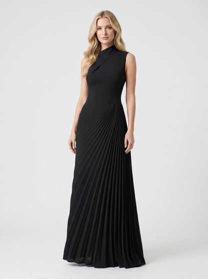 Black one-shoulder pleated maxi dress with fitted bodice and diagonal pleats, front view on model