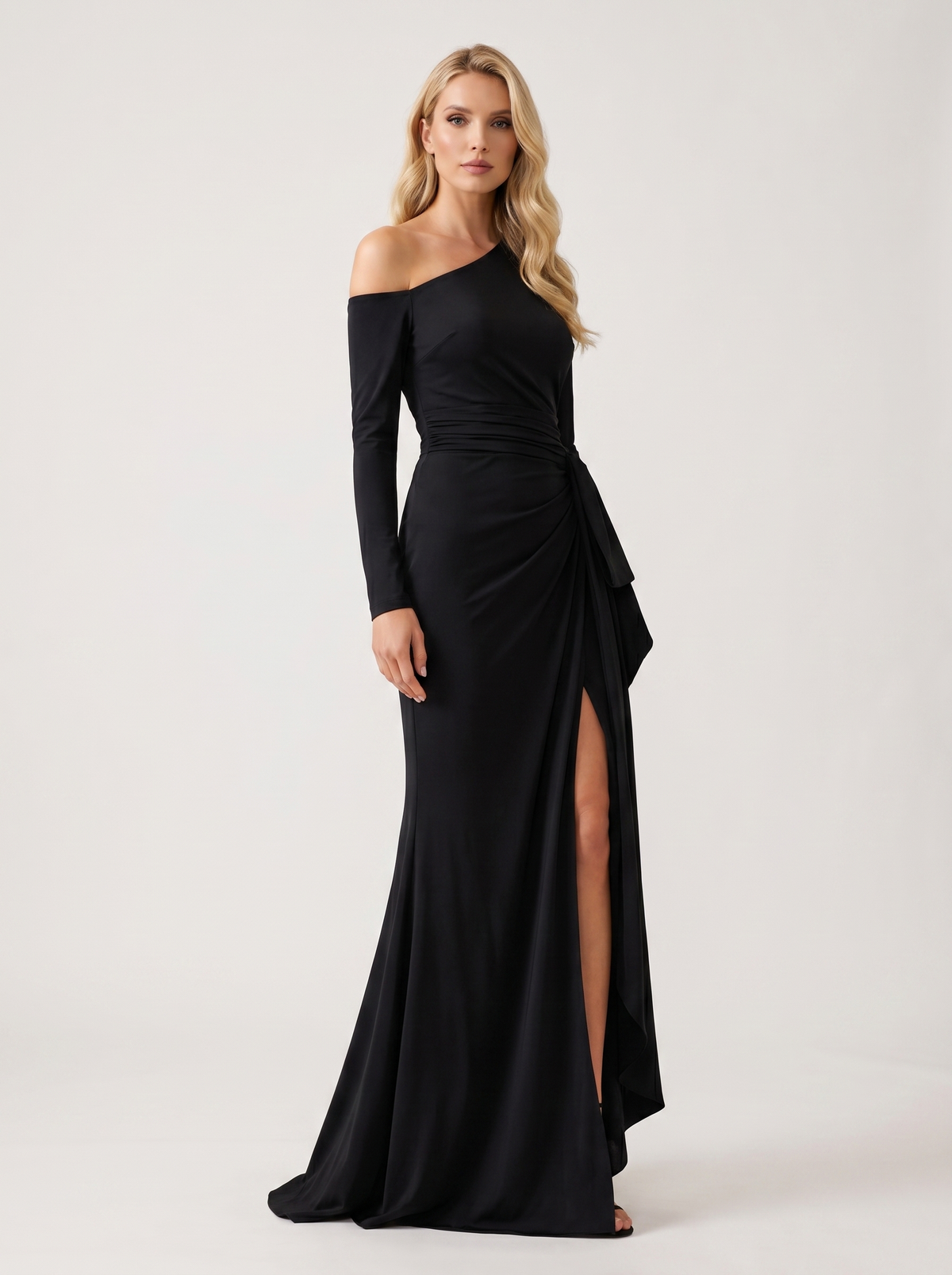 Black one-shoulder ruched maxi dress, three-quarter view showing ruched waist and high side slit