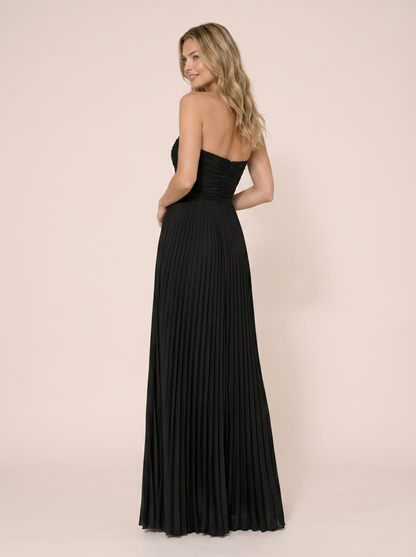 Black strapless pleated maxi dress, back view showing strapless bodice and full-length pleated skirt
