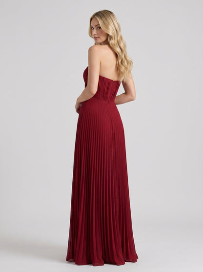 Red strapless pleated maxi dress, back view showing strapless bodice and full-length pleated skirt