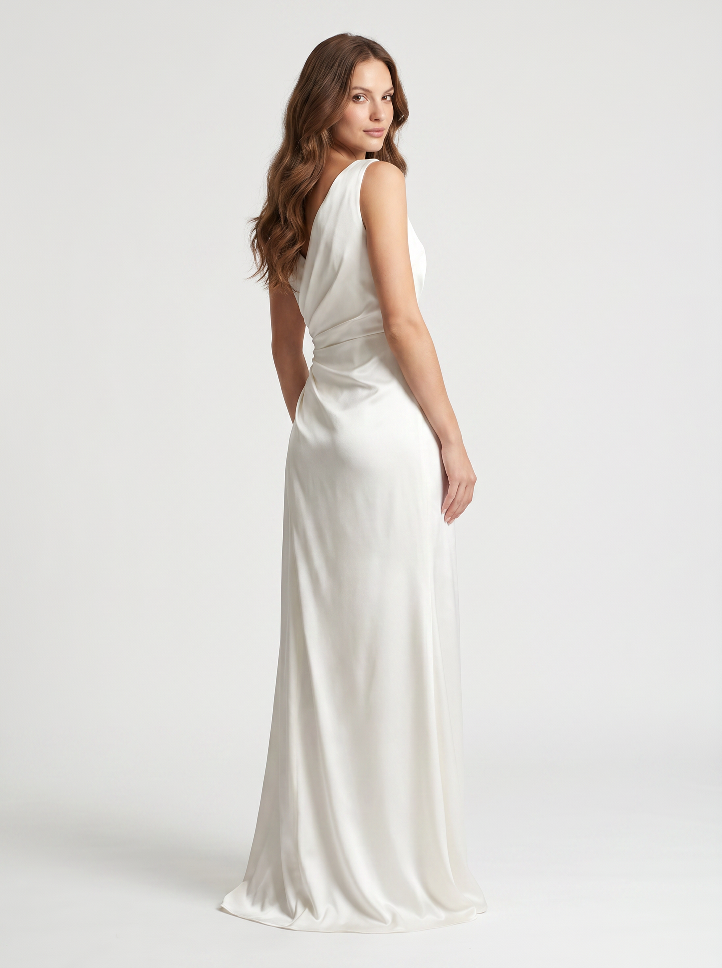 White draped satin maxi dress, back view showing boat neckline and long flowing skirt on model