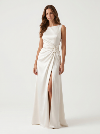 White draped satin maxi dress with boat neckline and side-gathered waist, front view on model