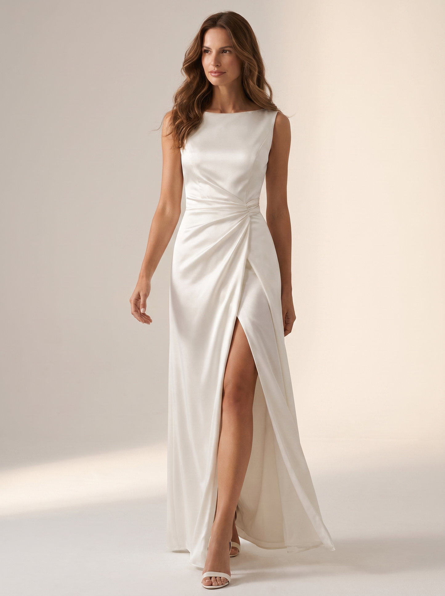 White draped satin maxi dress, full-length view of model walking in a bright studio