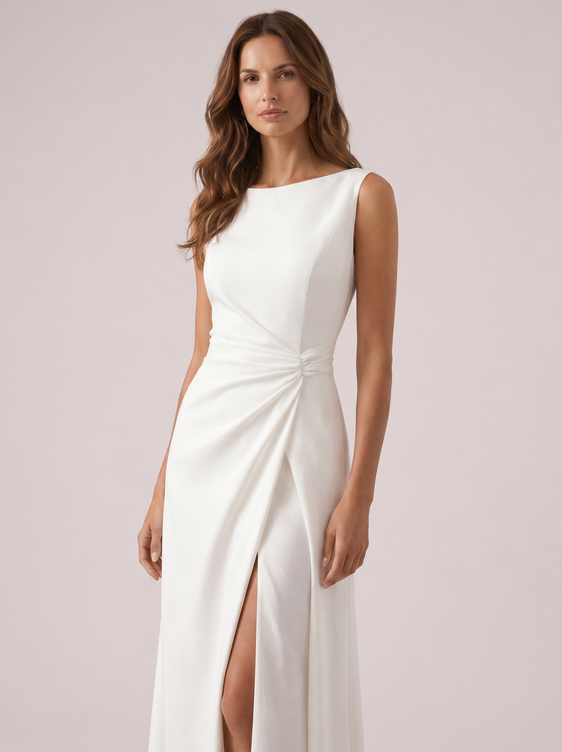 White draped satin maxi dress, three-quarter view showing draped waist and floor-length skirt