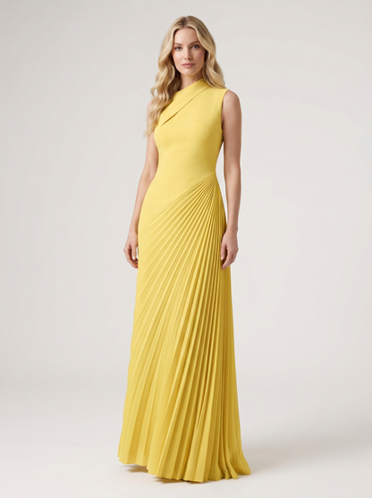 Yellow one-shoulder pleated maxi dress with fitted bodice and diagonal pleats, front view on model